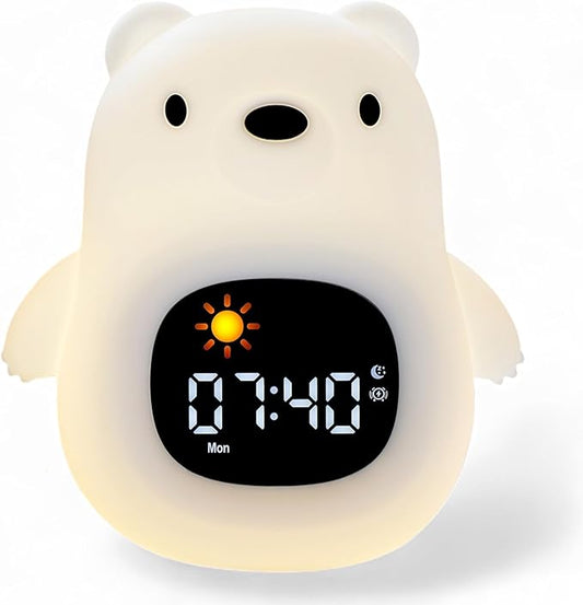 Bumble & Bright Bear Kids Alarm Clock with Night Lamp & Sound Machine | 8 Soothing Colors & 6 Relaxing Sounds | USB Powered | Adorable Alarm Clock for Kids, Girls & Boys