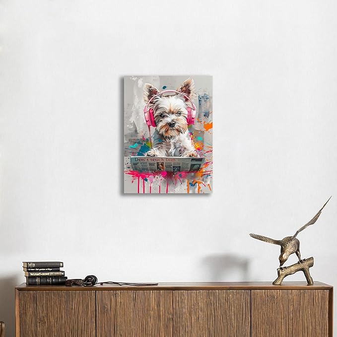 Ypxzzj Cool Colorful Graffiti Dog Wall Art for Bathroom, Funny Animal Canvas Print Painting for Bedroom,Graffiti Art Pictures for Living Room Home Decor Size 12x16Inch Framed Ready to Hang