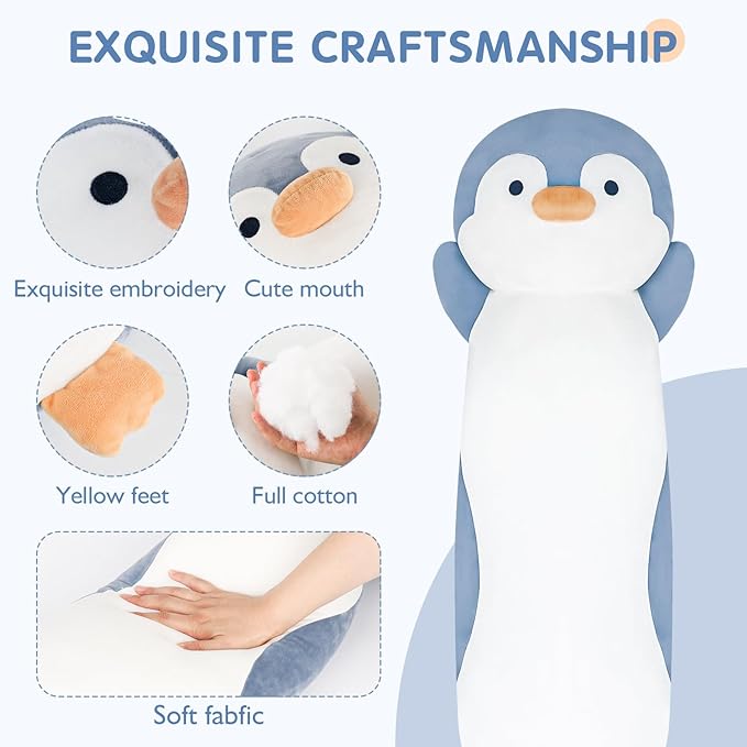 28 inch Penguin Stuffed Animal, Jumbo Long Soft Cuddle Pillow, Cute Blue Penguin Body Plushies Toy Gift for Kids, Boy and Girls Birthday