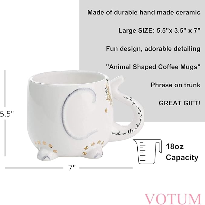VOTUM White Ceramic Coffee or Tea Mugs: Elephant Coffee Mug with Hand Printed Designs and Printed Saying - 18.6 Fluid Ounce Large, Cute Handmade Cup