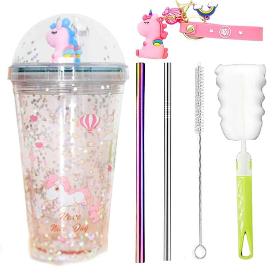 Unicorn Drinking Cup with Straw Kid Travel Tumbler Glitter Ice Coffee Mugs Plastic Cup for Party Gift (pink unicorn, 6.5 * 20cm))