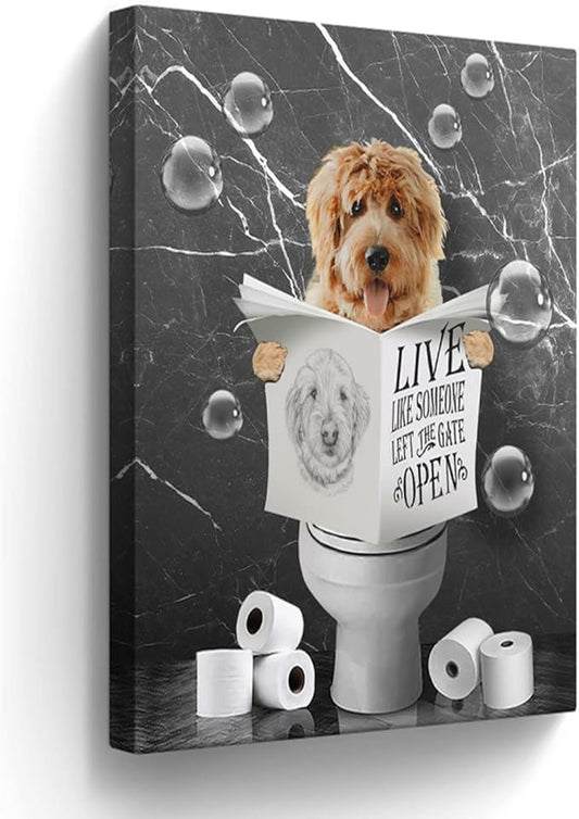 Canvas Wall Art - Funny Dog in Toilet - Black & White Animals - Farmhouse Bathroom Painting - Framed 16x24