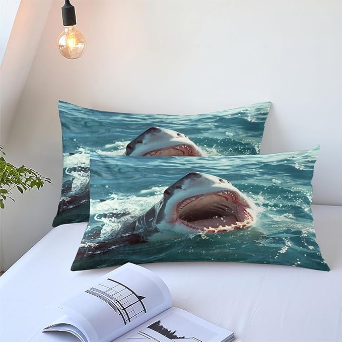 Boys Shark Bedding Set Full Size Teal Blue Comforter Set for Kids Boys Teen Aqua Ocean Comforter Sets with 1 Sharks Comforter + 2 Pillowcases