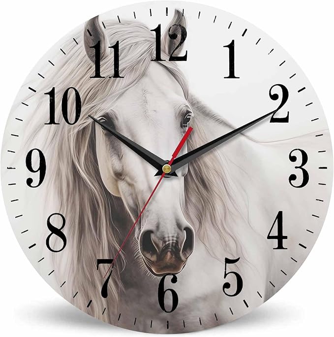 White Horse Portrait Wall Clock Classical Oil Horse with Smooth Skin and Fur 10 Inch Silent Non Ticking Battery Operated Clock Vintage Round Clock for Living Room Bedroom Bathroom Office Decor