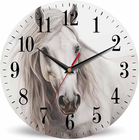White Horse Portrait Wall Clock Classical Oil Horse with Smooth Skin and Fur 10 Inch Silent Non Ticking Battery Operated Clock Vintage Round Clock for Living Room Bedroom Bathroom Office Decor