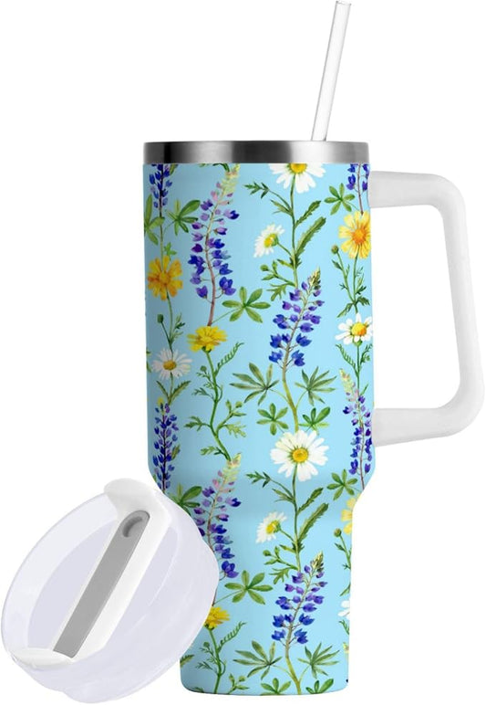 Boccsty Bluebonnet Chamomile Floral Insulated Tumblers Reusable Stainless Steel Tumbler 30 oz Cup Coffee Travel Mug Water Bottle with Handle & Flip Straw for Home Office Car