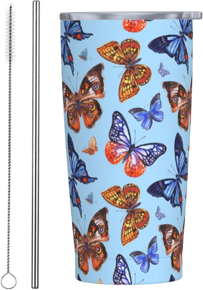 Butterfly Tumbler Blue Butterflies Stainless Steel Insulated Tumblers with Lid Straw Reusable Spring Nature Dream Coffee Travel Mug Tea Water Wine Cups Birthday Gifts for Women 20 Oz