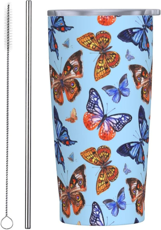 Butterfly Tumbler Blue Butterflies Stainless Steel Insulated Tumblers with Lid Straw Reusable Spring Nature Dream Coffee Travel Mug Tea Water Wine Cups Birthday Gifts for Women 20 Oz