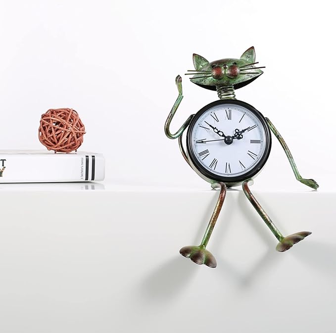 Tooarts Small Cat Desk Clock Handmade Vintage Metal Cat Figurine Decorative Table Animal Clock