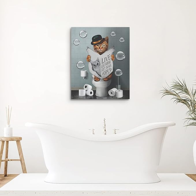 Bathroom Decor Canvas Wall Art Cute Cat Sitting in Toilet Reading Newspaper Pictures Farmhouse Bathroom Animals Wall Decor Painting for Bathroom Toilet Artwork Framed 16"x20"