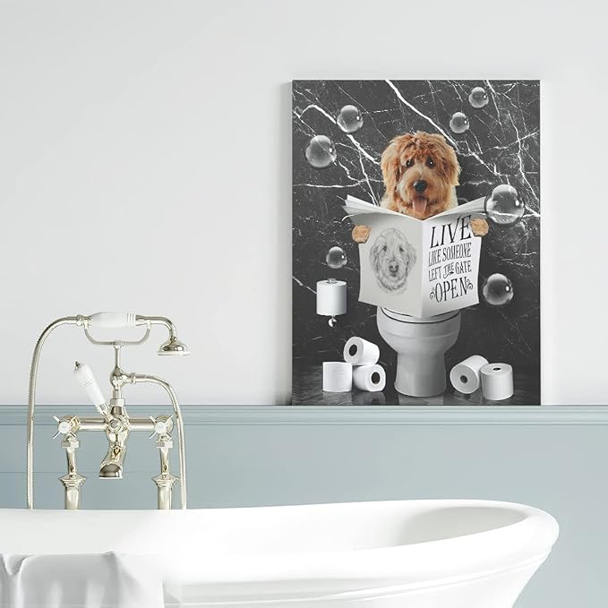 Bathroom Decor Canvas Wall Art Funny Dog Sitting in Toilet Pictures Black and White Animals Wall Decor Farmhouse Bathroom Painting for Bathroom Toilet Artwork Framed 12"x16"