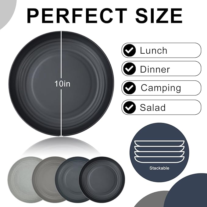 Wheat Straw Plates 10 Inch Dinner Plates Set of 8, Lightweight and Unbreakable Plastic Plates Reusable, Microwave & Dishwasher Safe Kids Plates (Black, Grey)