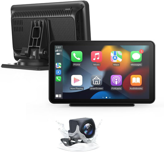 Wireless Carplay Screen for Car 7" Portable Apple Carplay & Android Auto Car Stereo with Backup Camera, GPS Navigation/Mirror Link/Voice Control Siri/Bluetooth FM, AUX for All Vehicles