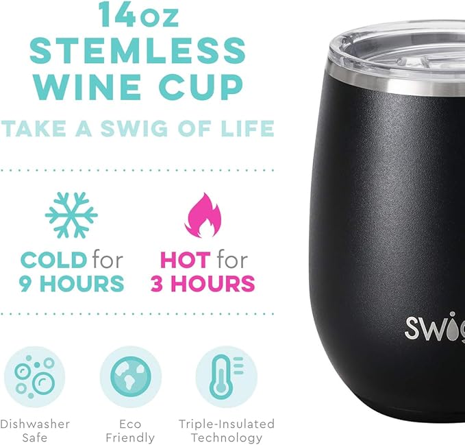Swig 14oz Insulated Wine Tumbler with Lid, Dishwasher Safe, Stainless Steel Wine Cups (Black)