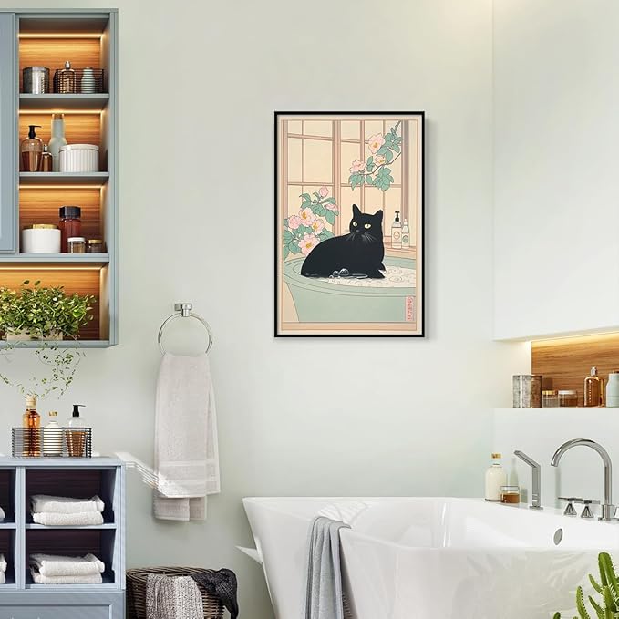 Black Cat Canvas Wall Art, Funny Japanese Cat Bathroom Poster, Cat In A Bubble Bathtub Painting, Neutral Japan Cat Aesthetic Print, Cat Pink Flowers Green Botanical Picture 8x12in Framed