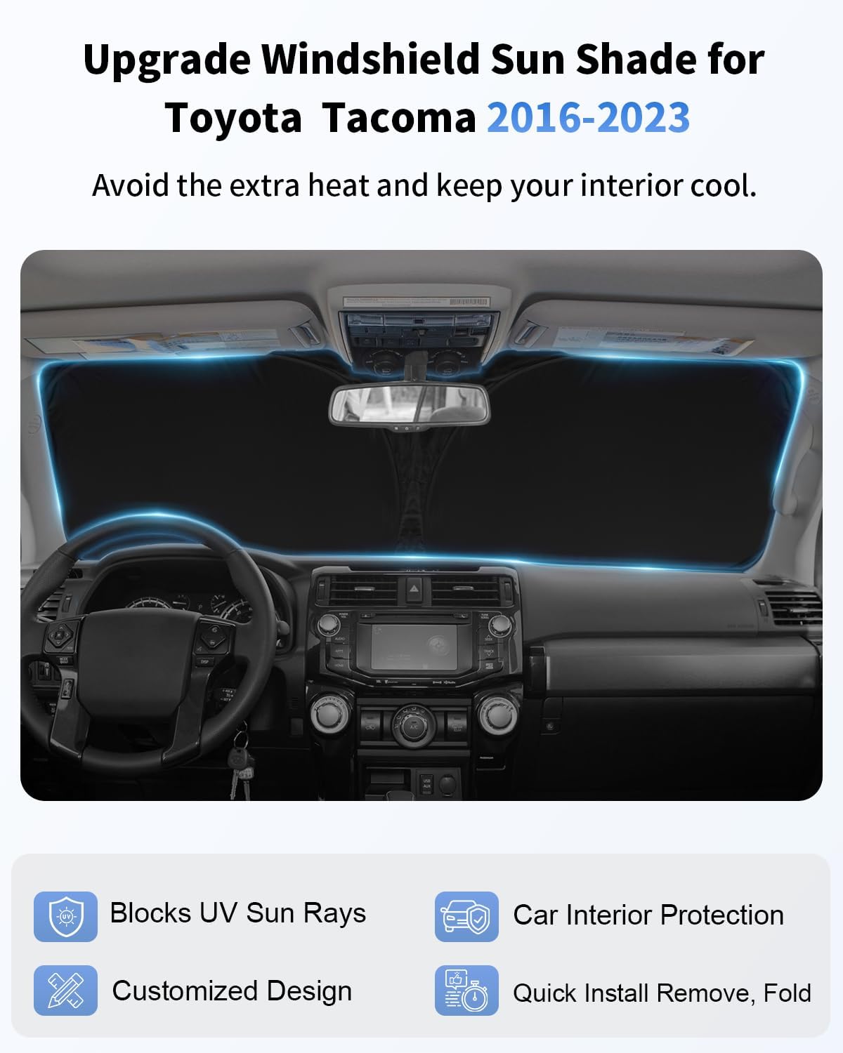 for Toyota Tacoma Windshield Sun Shade 2016-2021 2022 2023 2024 2025 2026 Toyota Tacoma 2Dr 4Dr Pickup UV Reflector Thicken 4-Layer Foldable Sunshade Protector for Tacoma Interior Accessories