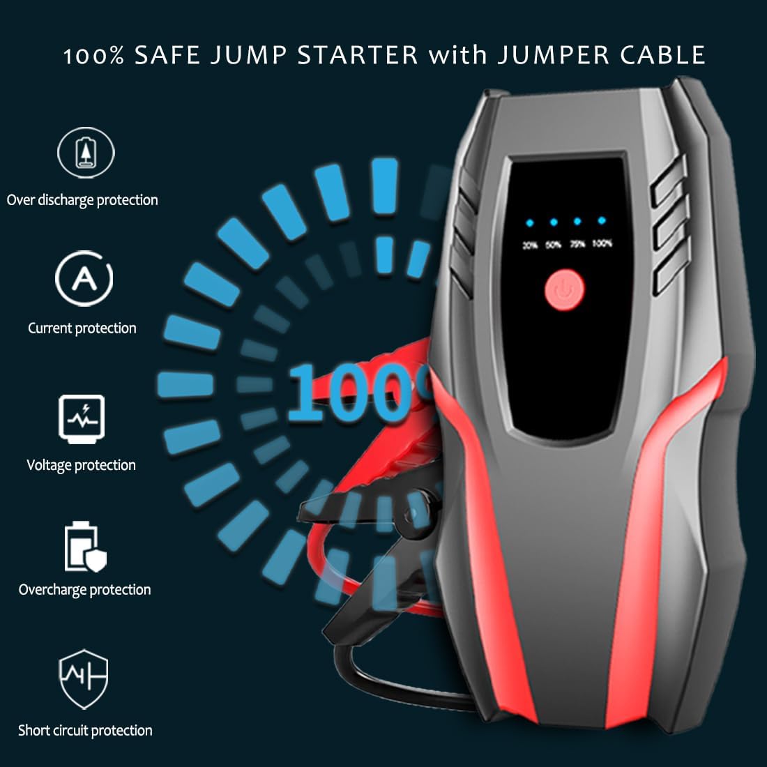12v Auto Jump Starter Peak Current 2000A (8.0L Gas and 5.0L Diesel Engine), Car Lithium Battery Charger Jumper Cable Pack, 8000mah Portable Power Bank with LED Light&USB Quick Charge