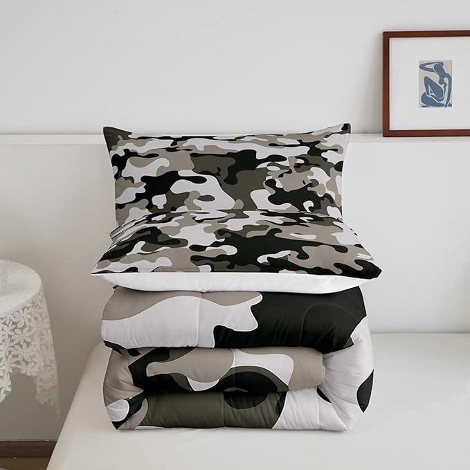 Camouflage Comforter Set Grey Camo Bedding Sets King Size Militarily Army Down Comforter for Boys Teens Men Adult Tie Dye Retro Geometric Warm Soft Quilted Duvet 3Pcs Bedroom Decor, All Season