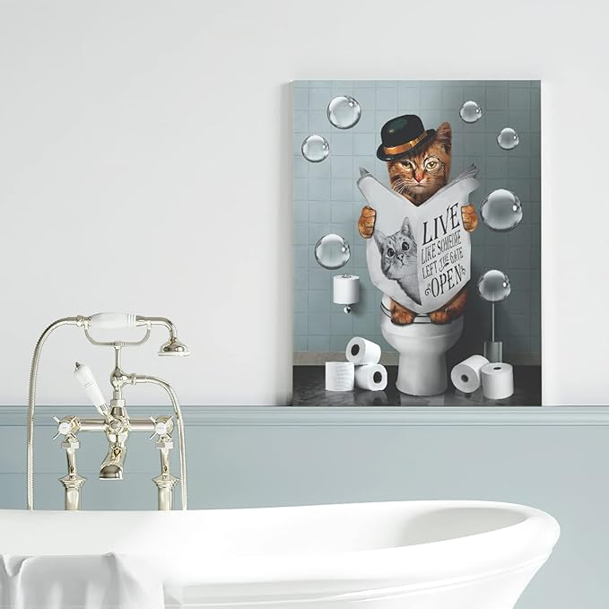 Bathroom Decor Canvas Wall Art Cute Cat Sitting in Toilet Reading Newspaper Pictures Farmhouse Bathroom Animals Wall Decor Painting for Bathroom Toilet Artwork Framed 16"x20"