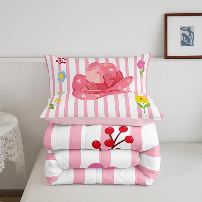 Western Cowgirl Comforter Set Full Size,Pink Cowboy Hat Bedding Sets for Kids Girls Boys Teens Room Decor,Black White Cow Fur Print Quilt Set Cartoon Sweet Striped Duvet Insert,2 Pillowcases