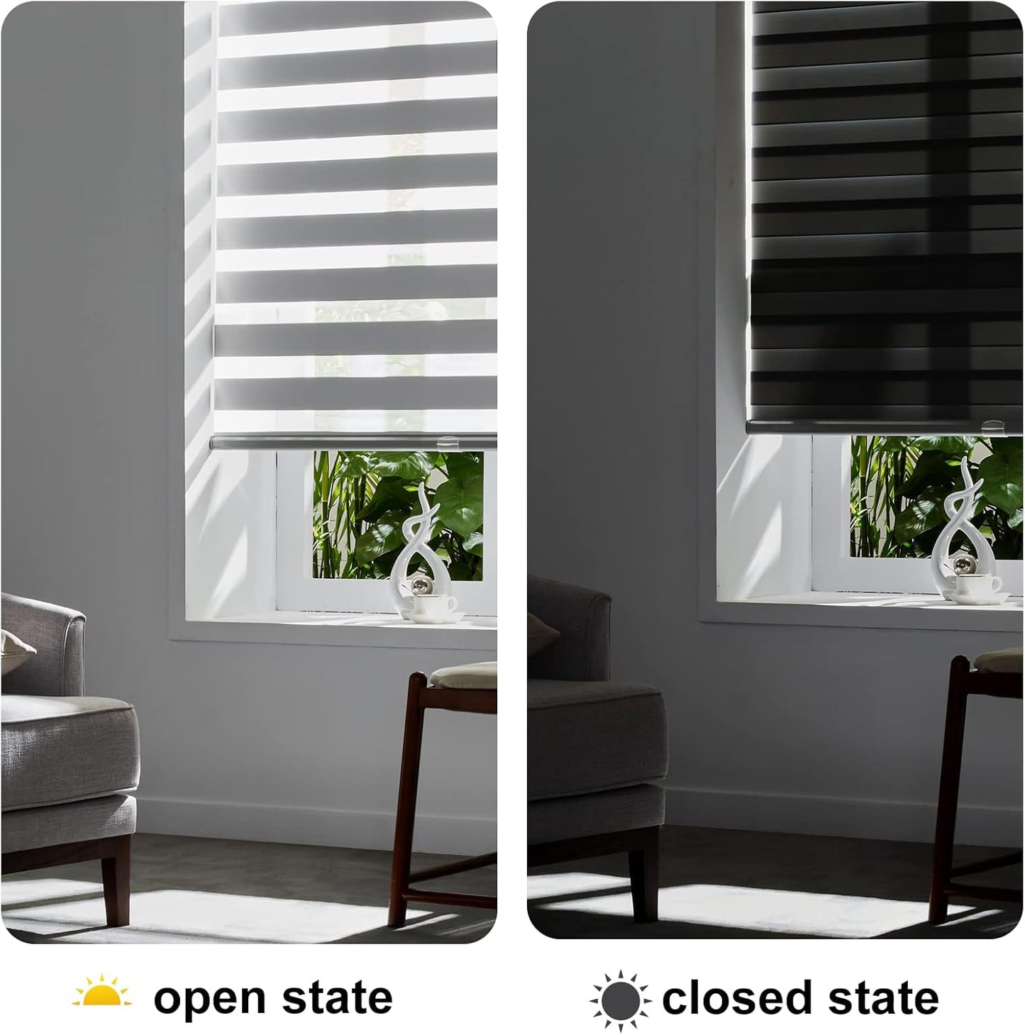 Persilux Cordless Zebra Blinds for Windows Free-Stop Roller Windows Shades (46" W X 72" H, Grey) Dual Layer Light Control for Day and Night, Light Filtering Sheer Shades for Home