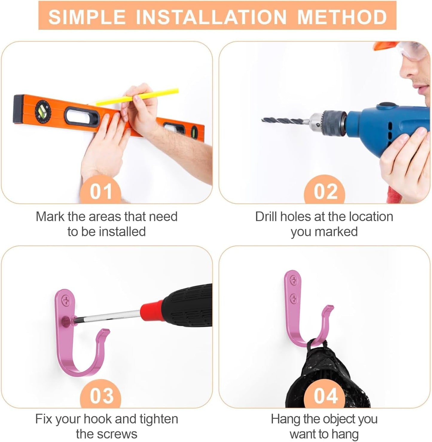 20PCS Wall Hooks for hanging, Metal Wall Hooks for Coats, Coat hooks for Wall, Heavy Duty Single Prong Wall Hooks With 40 Pieces Screws for Hanging Coats，Towel，Backpack，Hat, Dog Leashes (Pink )