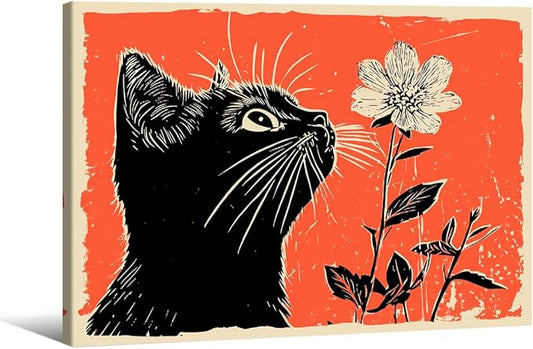 Black Cat Posters Vintage Animal Botanical Wall Art Cute Cat Sniffing Flower Canvas Painting Gift For Cat Lover 08x10 inch Framed Living Room Gallery Wall Decor