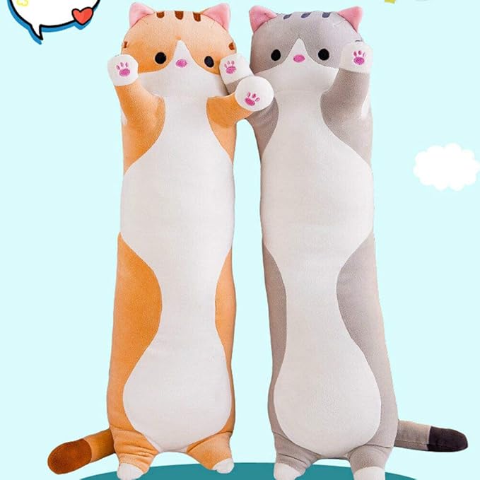WUYU Lovely Plush Cat Doll Cute Cartoon Soft Stuffed Kitten Pillow Long Throw Sleeping Pillow Doll Toy Gift for Kids Girlfriend Multiple Size (Grey,110cm/43.3in)