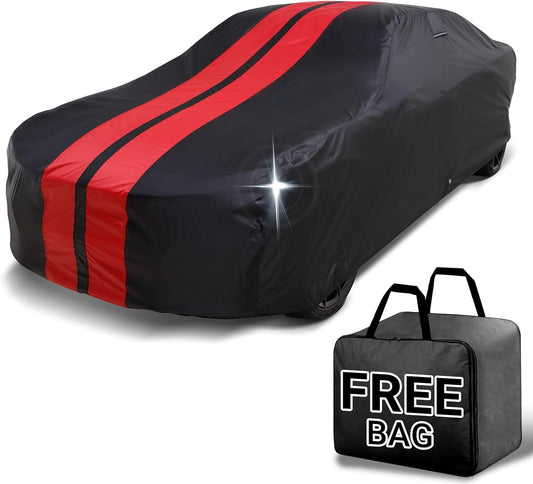 iCarCover Custom Car Cover for Chevy Caprice 2-Door, 4-Door (1966-1970) Waterproof All Weather Rain Snow UV Sun Protector Full Exterior Indoor Outdoor Car Cover (Stripe - Black/Red)