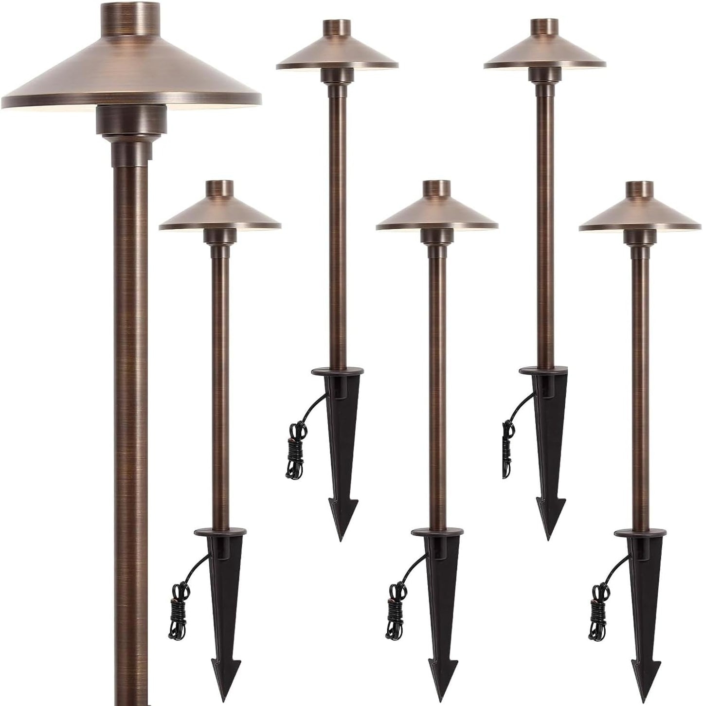 Gardencoin Solid Brass Low Voltage Pathway Lights (6.7'' Shade, 21.9'' Tall), 12V AC/DC Heavy Duty LED Landscape Path Lights Outdoor Wired, Antique Bronze Walkway Lights with Larger Stake, 6-Pack