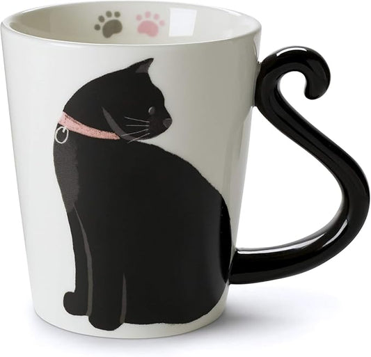 VOTUM White Ceramic Coffee Mug or Tea Mugs: Animal Shaped Mugs with Hand Printed Designs and Printed Saying - 12 Fluid Ounce Large, Cute Handmade Cup Gift - Black Cat