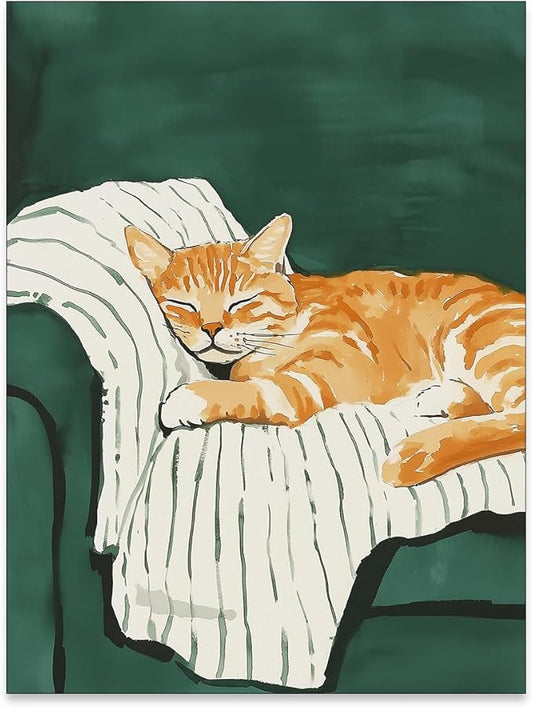Sleeping Orange Cat poster Green Aesthetic Wall Art Preppy Funky Cute Animal Canvas Painting Gift For Cat Lover for Cozy Room Wall Decor 12x16 inch Unframed