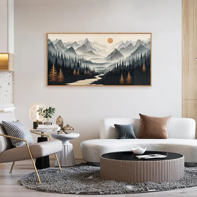 Watercolor Misty Forest Framed Canvas Wall Art Set, Foggy Mountain Wall Decor, Misty Pine Tree Wall Painting, Large Nature Landscape Art Prints for Living Room, Bedroom, Office - 20"X40"