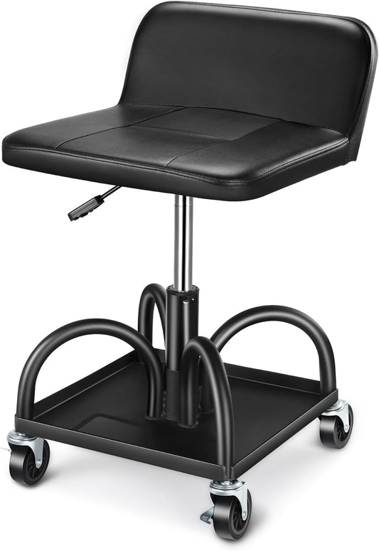 DNA MOTORING Rolling Padded Seat Adjustable Height Seat 330lbs Capacity Rolling Mechanic Creeper Stool, W/Tool Storage Drawer & Tray, Black, TOOLS-00600