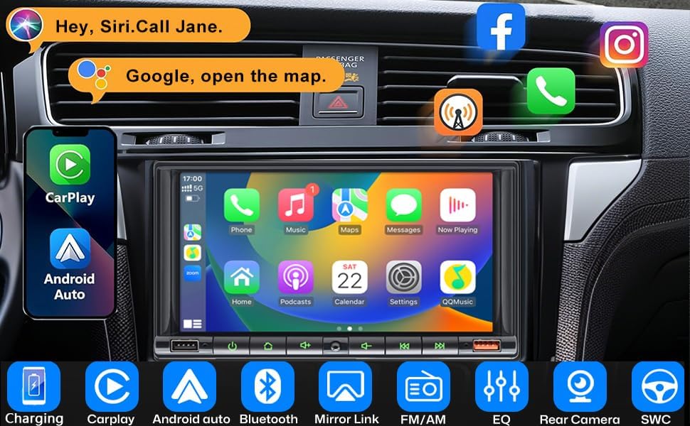 7" Wireless Double 2 Din Car Stereo Apple Carplay Radio Screen for Car Audio Receivers, Bluetooth Car Play Android Auto Touchscreen Head Unit,RCA Outputs, Backup Camera, SWC, FM/AM