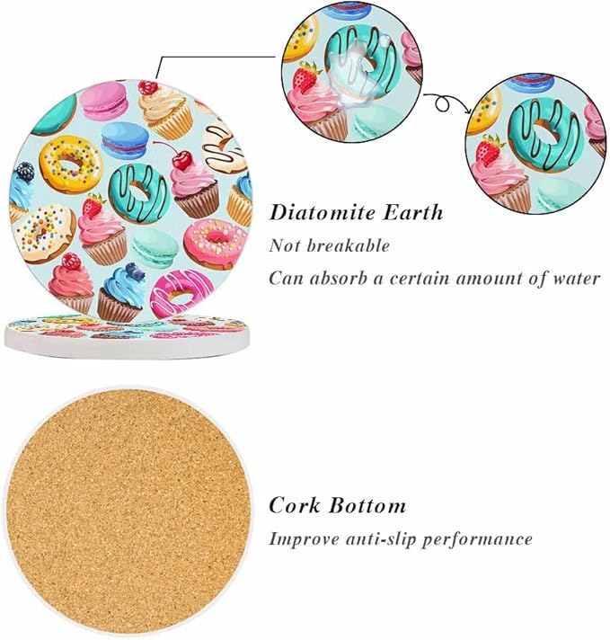 Sweets Cupcake Donut Coasters Cake Macaron Cream Bake Chocolate Ornament Absorbent Drink Coaster Set of 2 Unique Beer Beverage Coasters for Coffee Table Cup Bar Coasters Cute Cork Ceramic Coasters