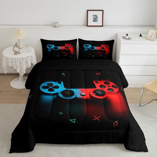 Boys Gamepad Comforter Set Full,Play Gamer Bedding Set Kid Young Man Video Games Down Comforter for Teen Child Game Room Decor Black Classic Retro Gaming Quilt Duvet Set with Controller Button