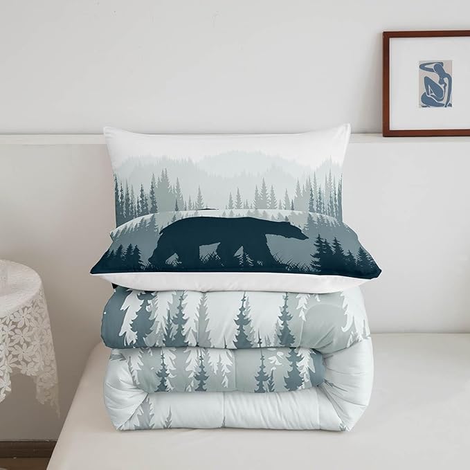 Woodland Comforter Set for Kids Boys Girls Teens,Bear Wild Animal Silhouette Bedding Set Twin Size,Natural Tree Down Comforter Home Room Decor,Misty Mountain Quilted Duvet Warm with 1 Pillow Sham