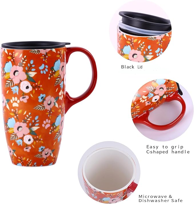 Topadorn Coffee Ceramic Mug Porcelain Latte Tea Cup With Lid 17oz. Orange Coffee Cup