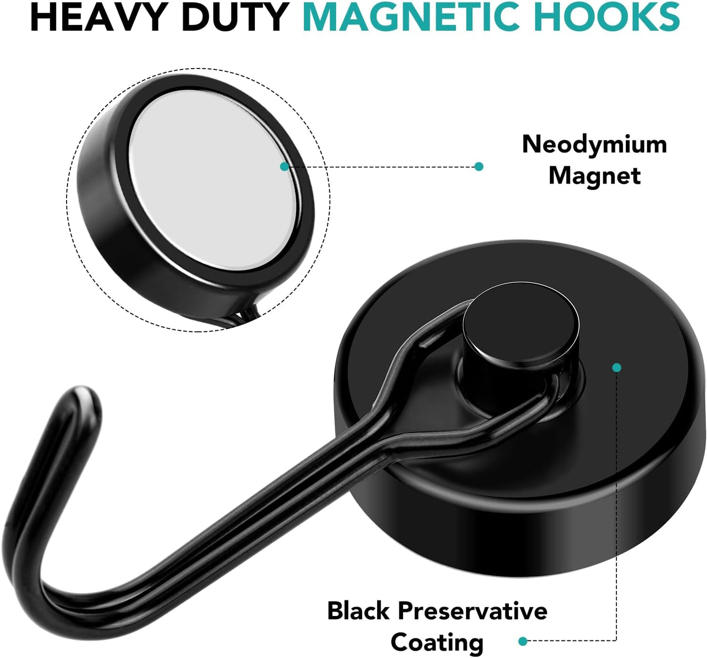DIYMAG Black Magnetic Hooks,110LBS Strong Magnetics Heavy Duty, Magnet Hook with Metal Hanger for Hanging Refrigerator Home Kitchen Office, 4Pack