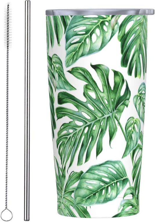 Tropical Palm Leaves Tumbler Stainless Steel Insulated Tumblers with Lid and Straw Reusable Hawaiian Plants Coffee Travel Mug Tea Drinking Wine Cups Unique Gifts for Women 20 Oz