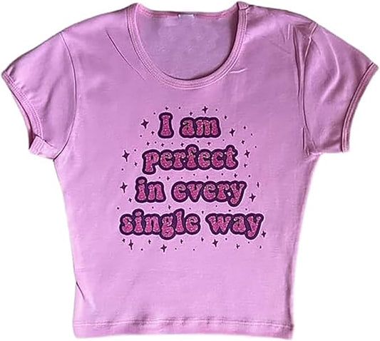 Women Girls Y2K Crop Top Letter Print Baby Tees Grunge T-Shirt