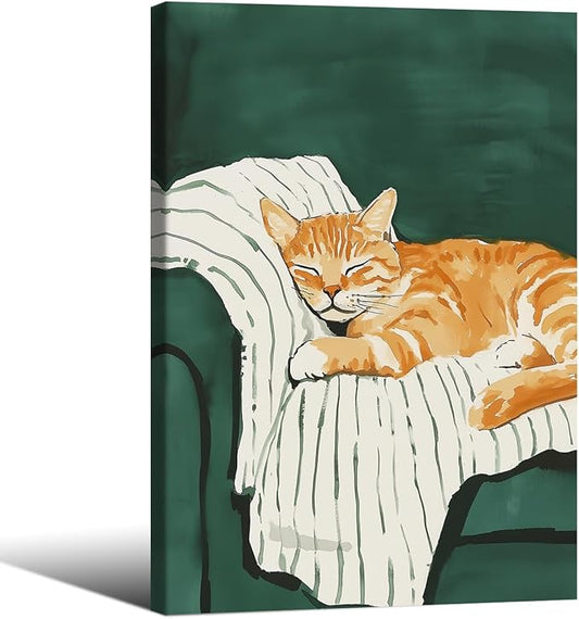 Sleeping Orange Cat poster Green Aesthetic Wall Art Preppy Funky Cute Animal Canvas Painting Gift For Cat Lover 24x36 inch Framed for Cozy Room Wall Decor