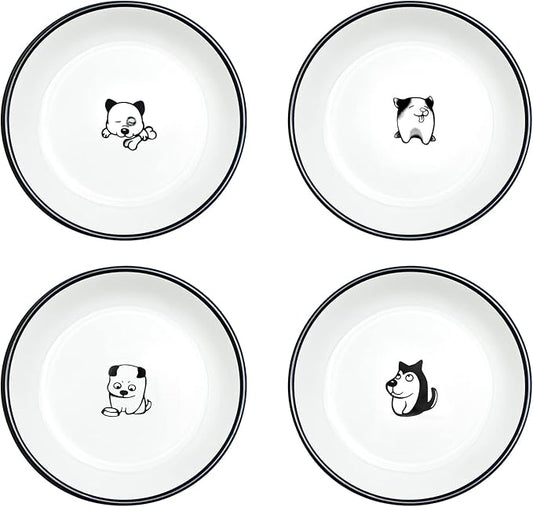 WAIT FLY 5 Inches Funny Dog and Cat Pattern with Brush Strokes Ceramics Seasoning Dishes/Tea Bag Holders/Ketchup Saucer/Appetizer Plates/Seasoning Dipping Bowls, Set of 4