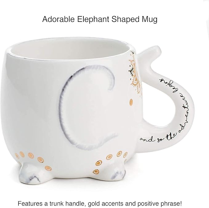 VOTUM White Ceramic Coffee or Tea Mugs: Elephant Coffee Mug with Hand Printed Designs and Printed Saying - 18.6 Fluid Ounce Large, Cute Handmade Cup