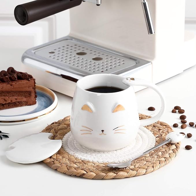 Yuwu Cat Mug Cute Coffee Mug gifts for cat lovers Ceramic Cup, Novelty Mug with Lid and Stainless Steel Spoon, Christmas Birthday Gifts Present for kids Women Girls (White)