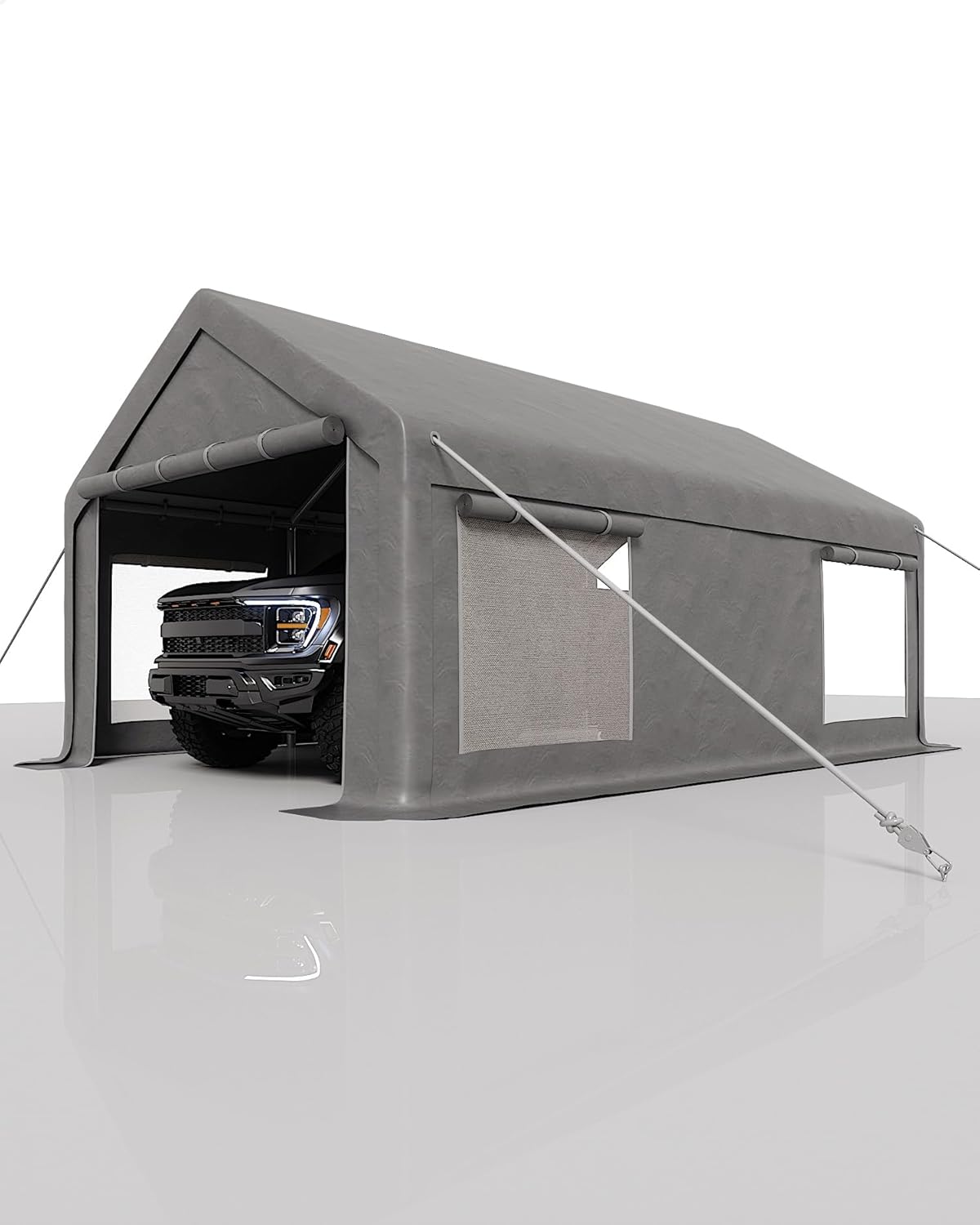 10x20 Ft Carport, Car Port with 200g PE Tarp, Roll-Up Doors, and 4 Windows, for Sedans, Bass Boats, Motos, ATVs, and SUVs, Light Gray