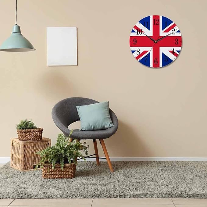 United Kingdom Flag Wall Clock UK British England National Flags 10 Inch Silent Non Ticking Battery Operated Clock Vintage Round Clock for Living Room Bedroom Bathroom Office Decor