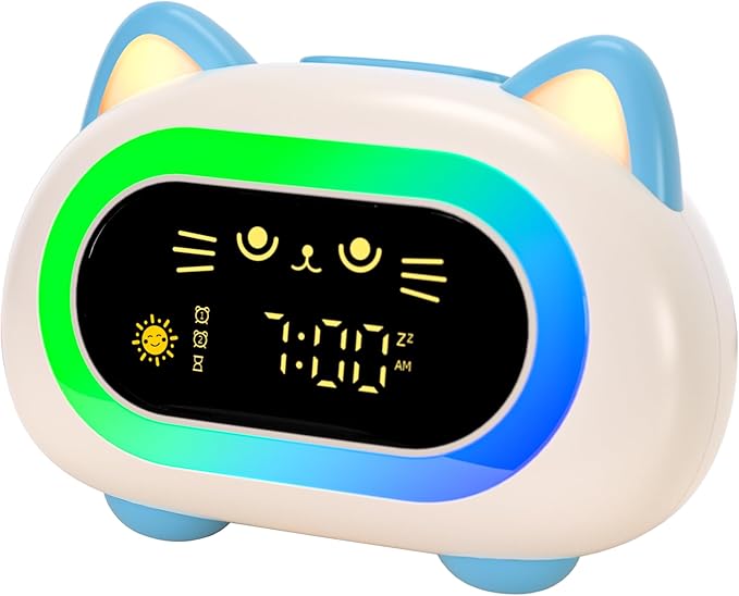 winshine Alarm Clock for Kids, Ok to Wake Clock, Toddler Sleep Training Clock with Eye Protection, 10 Night Lights, Dual Alarms, Child Lock, Snooze, Timer - Cute Cat Clock for Girls and Boys, Blue