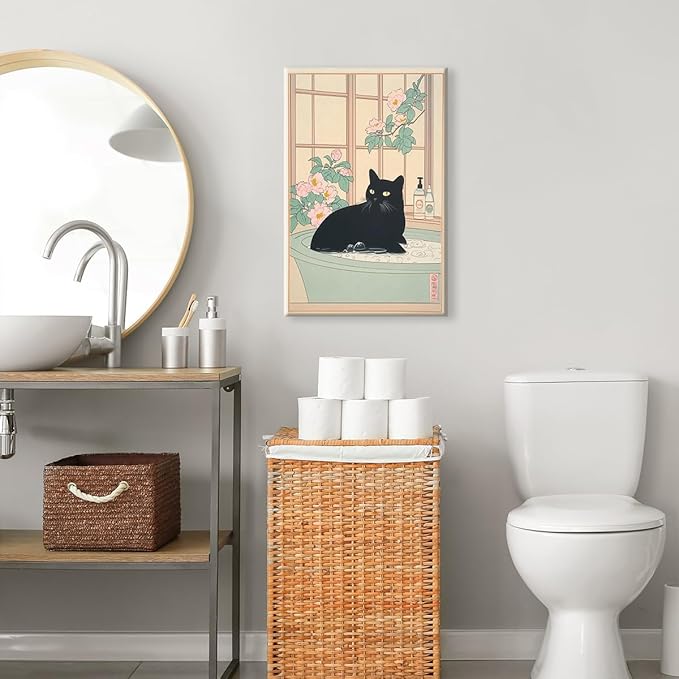 Black Cat Canvas Wall Art, Funny Japanese Cat Bathroom Poster, Cat In A Bubble Bathtub Painting, Neutral Japan Cat Aesthetic Print, Cat Pink Flowers Green Botanical Picture 24x36in Wrapped Canvas